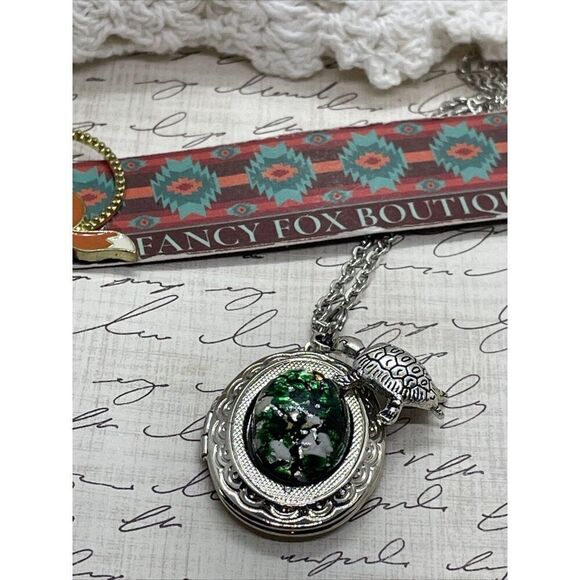 Green Turtle Opal Silver Nautical Beach Mermaid Photo Locket Necklace Valentines - Picture 12 of 16